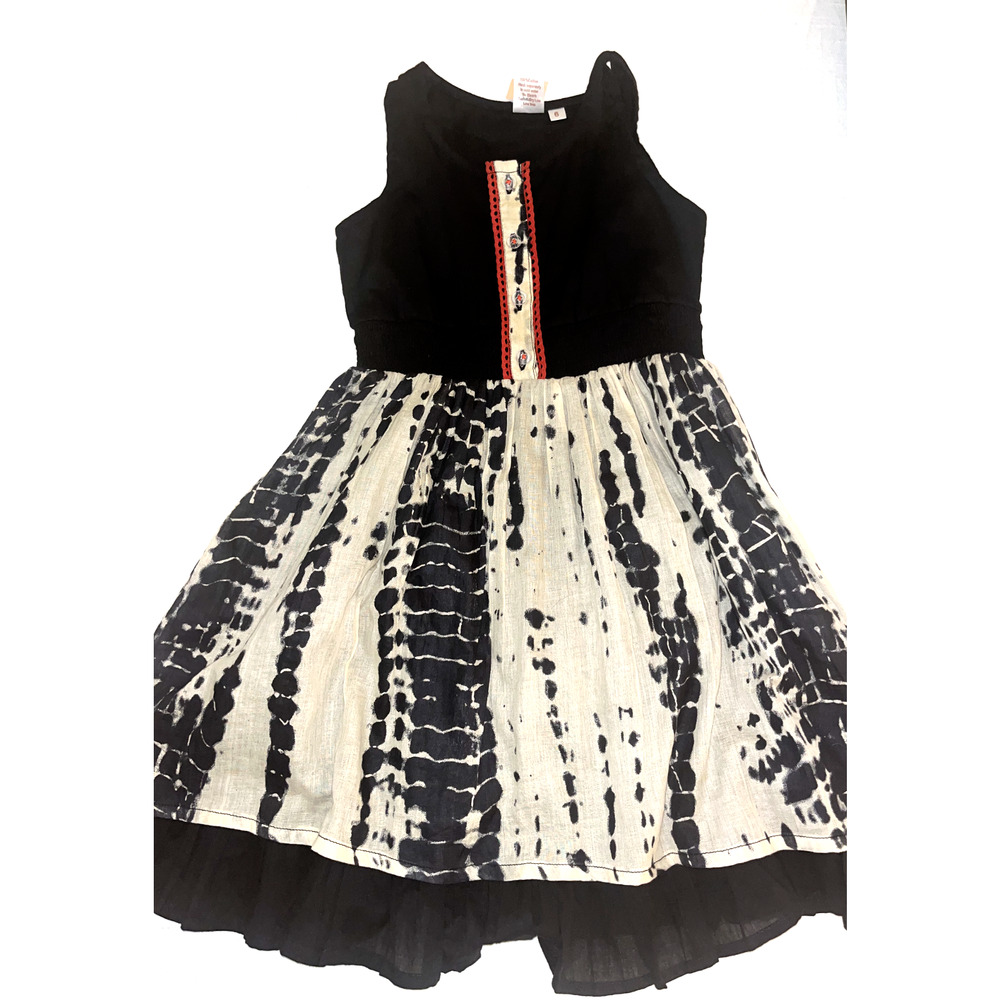 Yo Baby Girls Black and Tan Tie Dye Dress Pleated Skirt Sundress Size 6 Red Trim